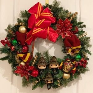 Festive Holiday Wreath with Red and Green Accents custom Harry Potter inspired